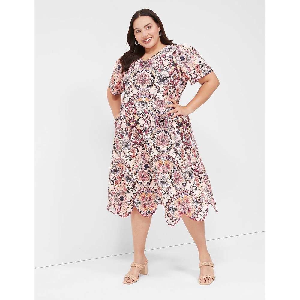 Lane Bryant Boho Linen Blend Mandala Print Scalloped Hem Maxi Dress Sz 24